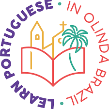 Logo for the language school, Learn Portuguese Olinda Brazil. Featuring the name of the school surrounding a drawn image of a book, a palm tree, and a historical church. All three of these things are heart of Olinda and LPOB. Representing education, history, and beach life.